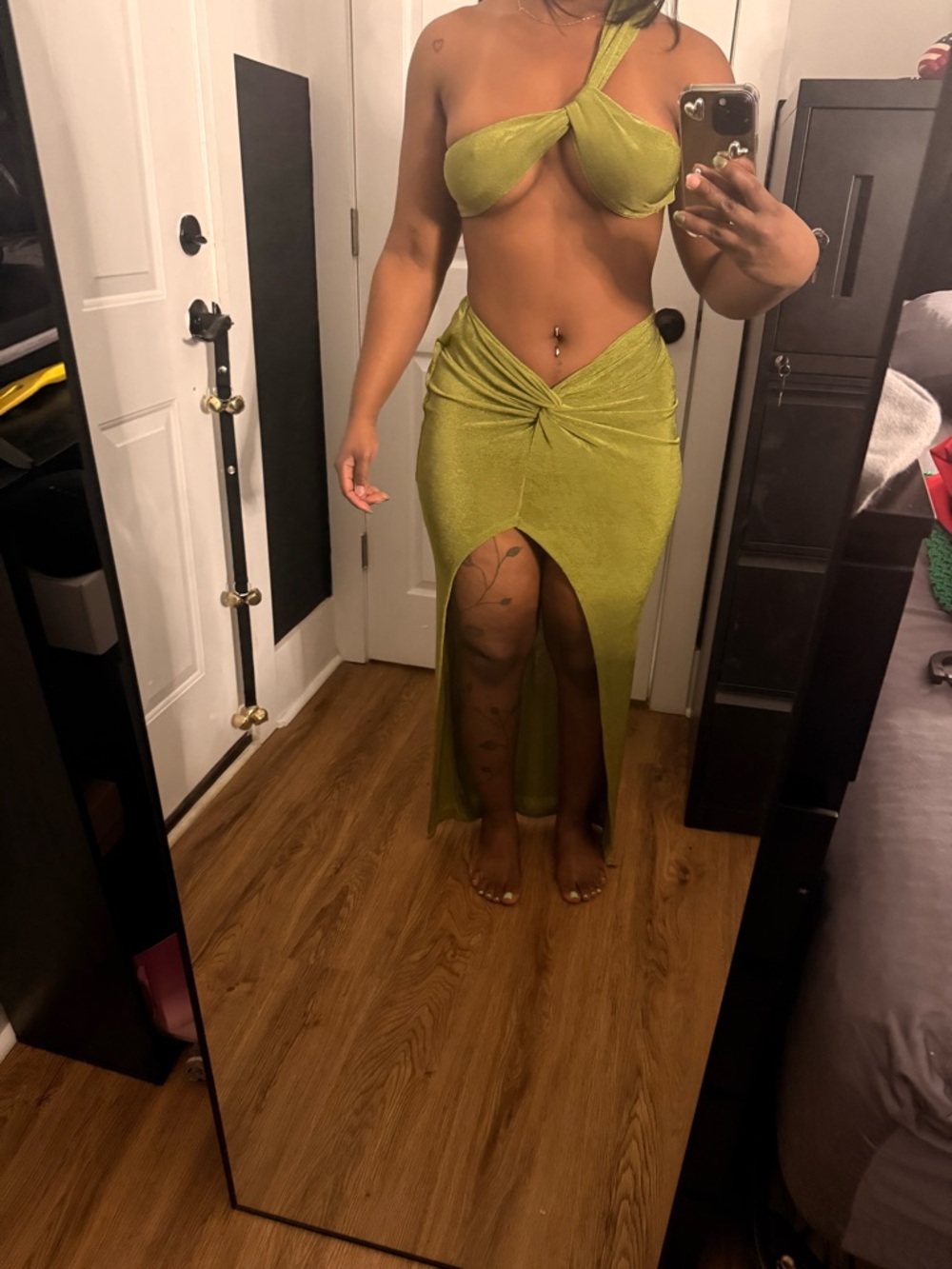 Two-Piece Olive Green Twist Front Skirt Set